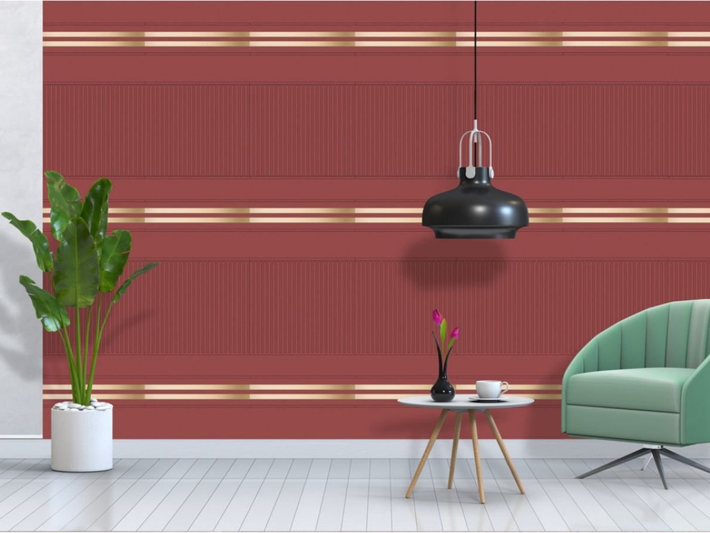 Fluted red wall panelling in a dining and lounge setting