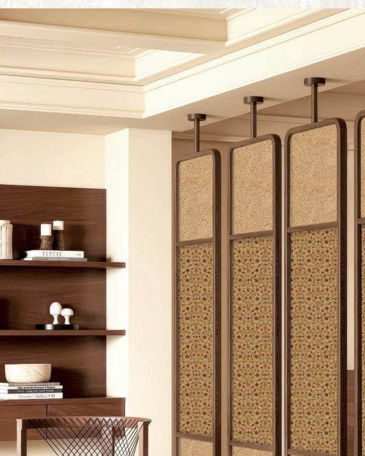Folding screen panels and warm timber joinery in a living room