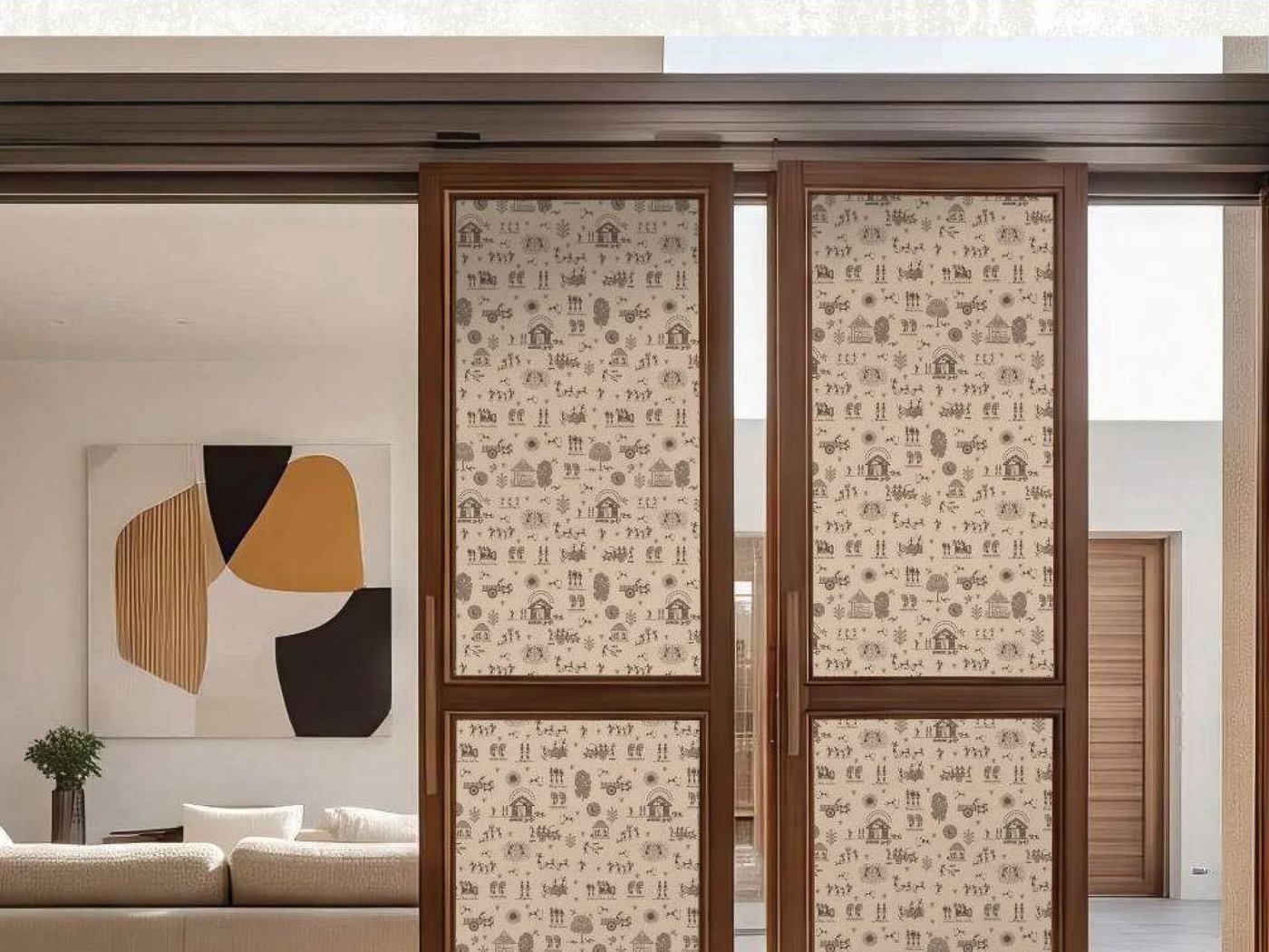 Sliding wardrobe doors with printed decorative panel inserts